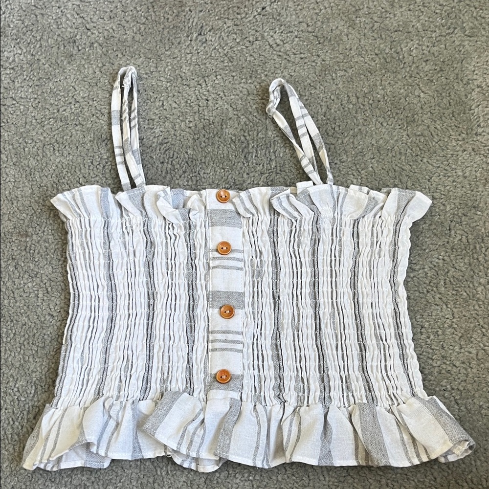 Elegant White and Gray Striped Crop Top with Ruffles